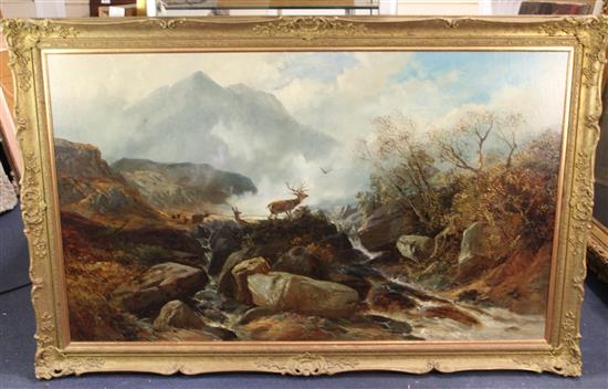 Clarence Roe (1850-1909) Stag and deer in a landscape 29 x 49in.